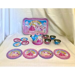 Kids Princess Unicorn Tin Tea Set 14 Piece Pink Blue Rainbow Pretend Play Toy